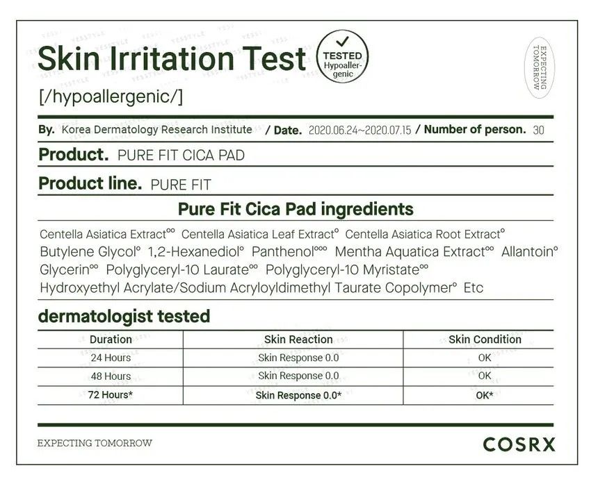 skin test irritatie cica pad